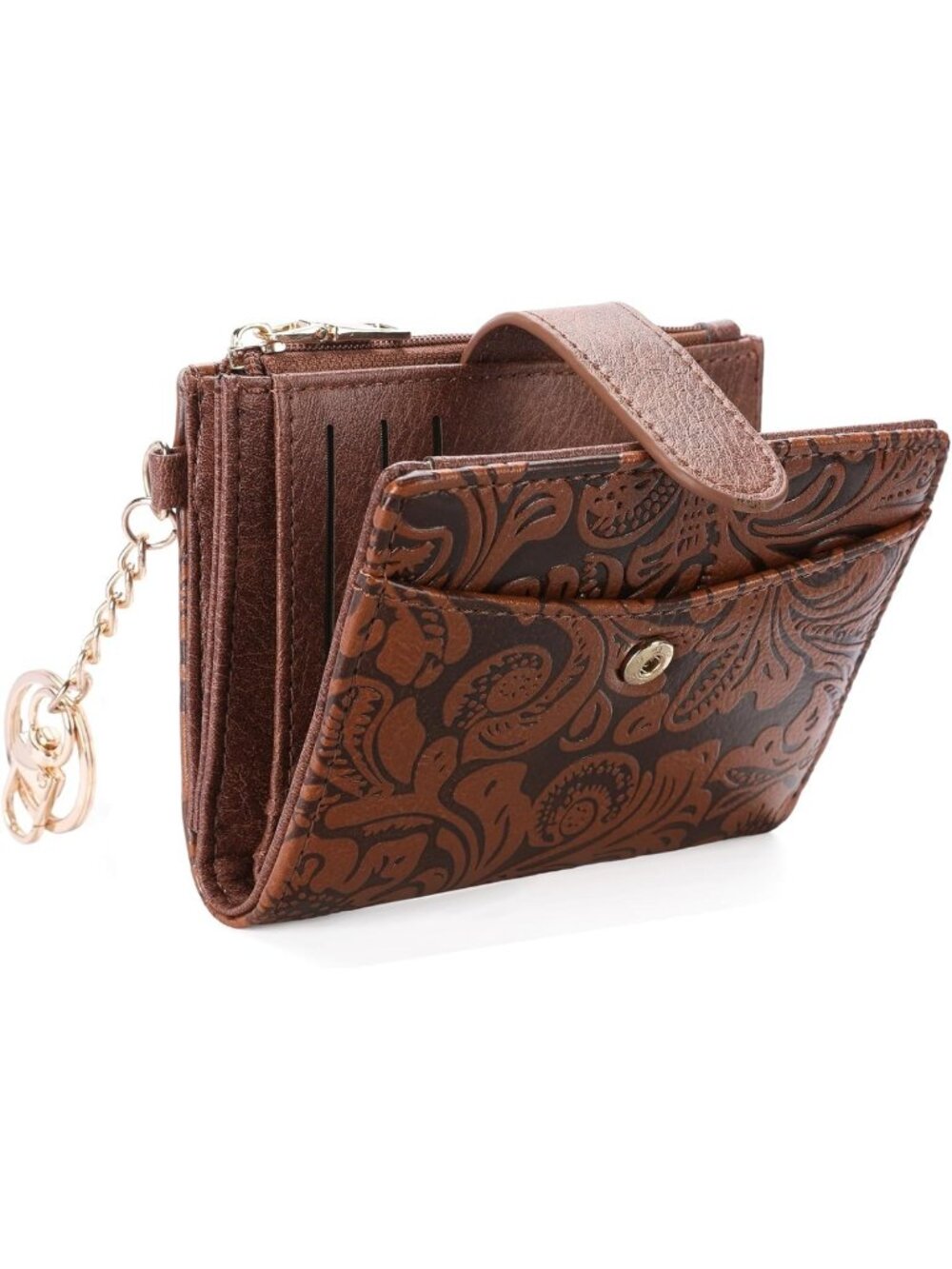 Small RFID Blocking Keychain Wallet for Women - Compact Card Holder in Brown